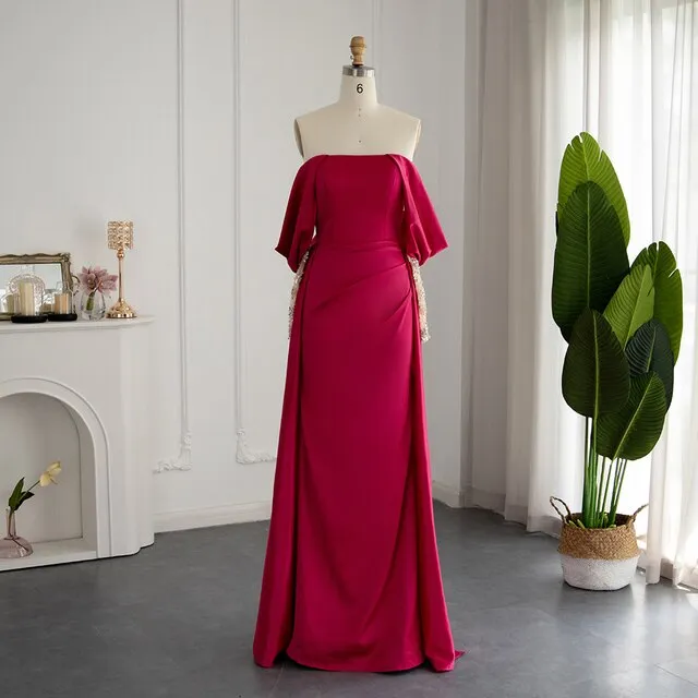Elegant Off Shoulder Fuchsia Evening Dress with Sleeves SS332
