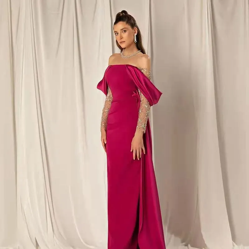Elegant Off Shoulder Fuchsia Evening Dress with Sleeves SS332