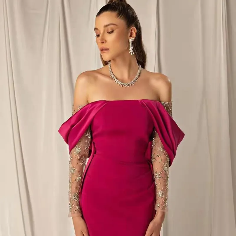 Elegant Off Shoulder Fuchsia Evening Dress with Sleeves SS332
