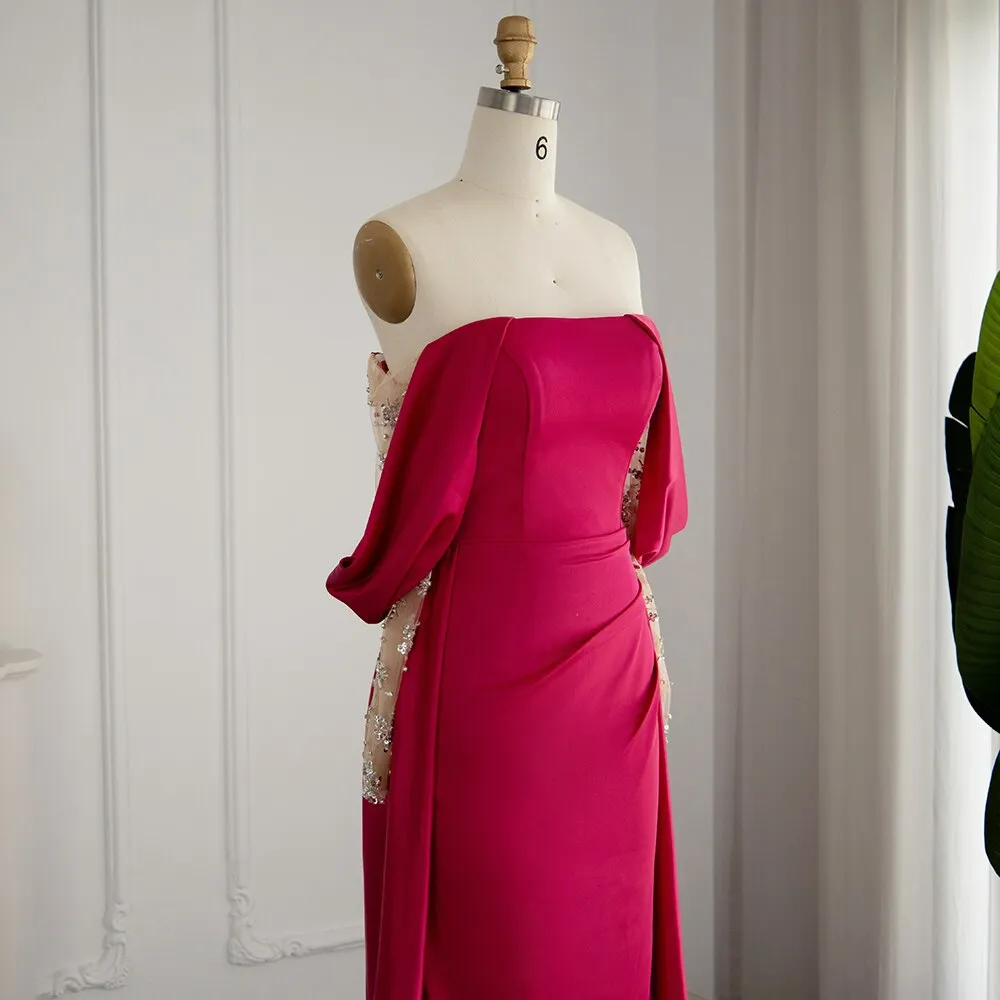 Elegant Off Shoulder Fuchsia Evening Dress with Sleeves SS332