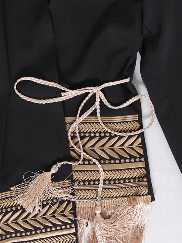 Embroidered irregular tassel hem blazer