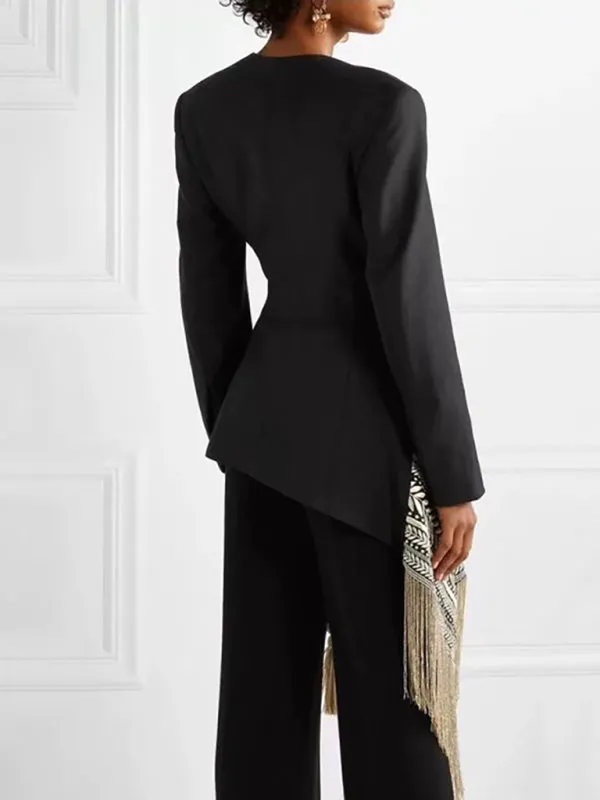 Embroidered irregular tassel hem blazer