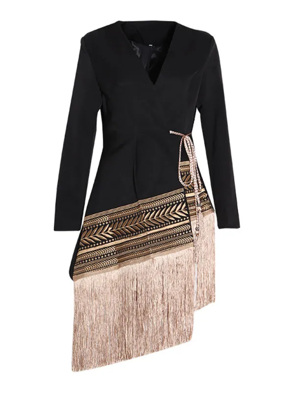 Embroidered irregular tassel hem blazer