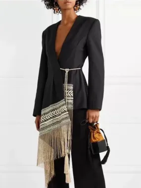 Embroidered irregular tassel hem blazer