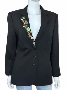 ESCADA Black Wool Floral Embroidered Blazer Size M