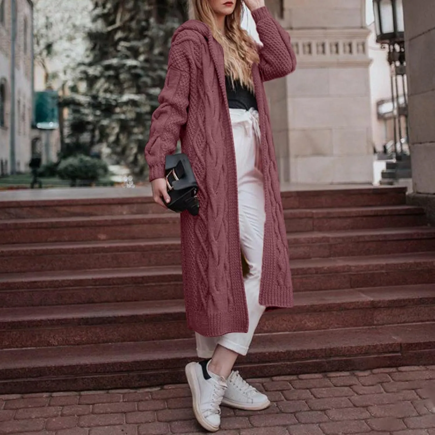 Fall Hooded Open Front Cardigan for Women Cable Knit Sweaters Chunky Pocketed Oversized Knee Length Trendy Long Coat