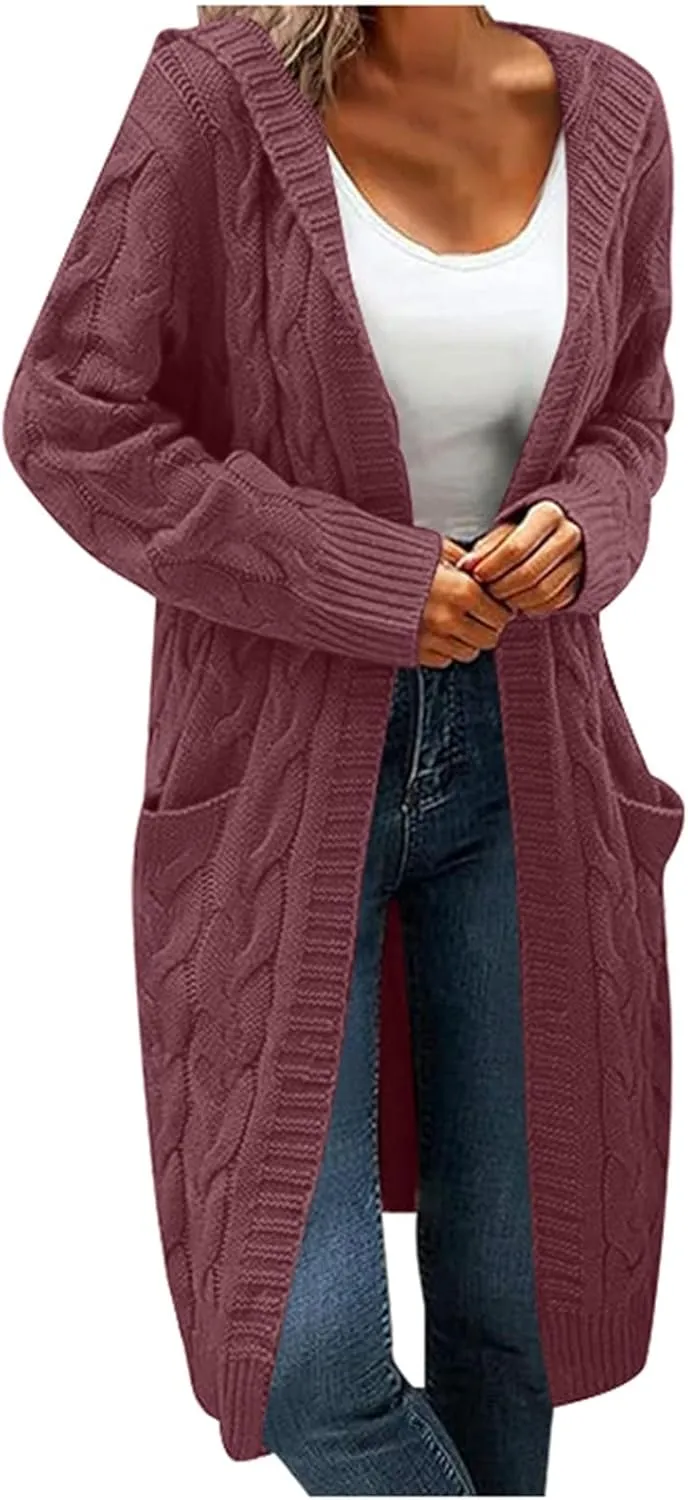 Fall Hooded Open Front Cardigan for Women Cable Knit Sweaters Chunky Pocketed Oversized Knee Length Trendy Long Coat