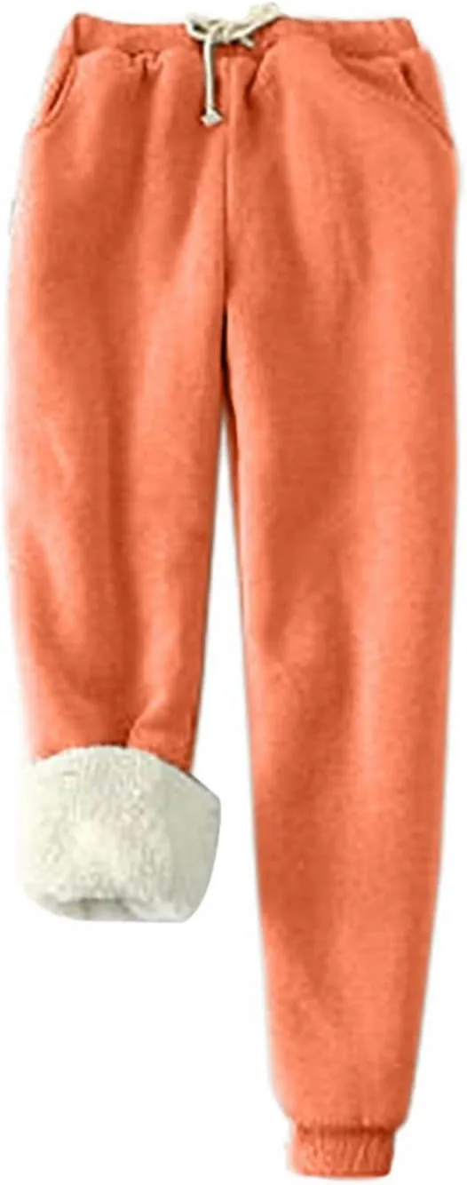 Fleece Lined Joggers Women Athletic Sweatpants Sherpa Winter Leggings Drawstring Waist Pockets Cinch Bottom Trousers