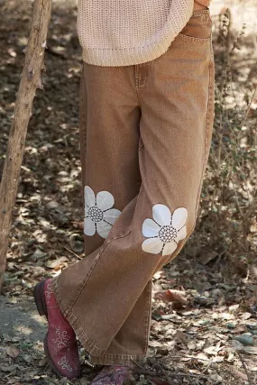 Floral Embroidered Knee Wide Leg Jeans