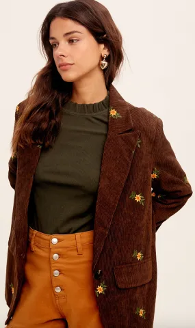 Flower Embroidered Corduroy Blazer