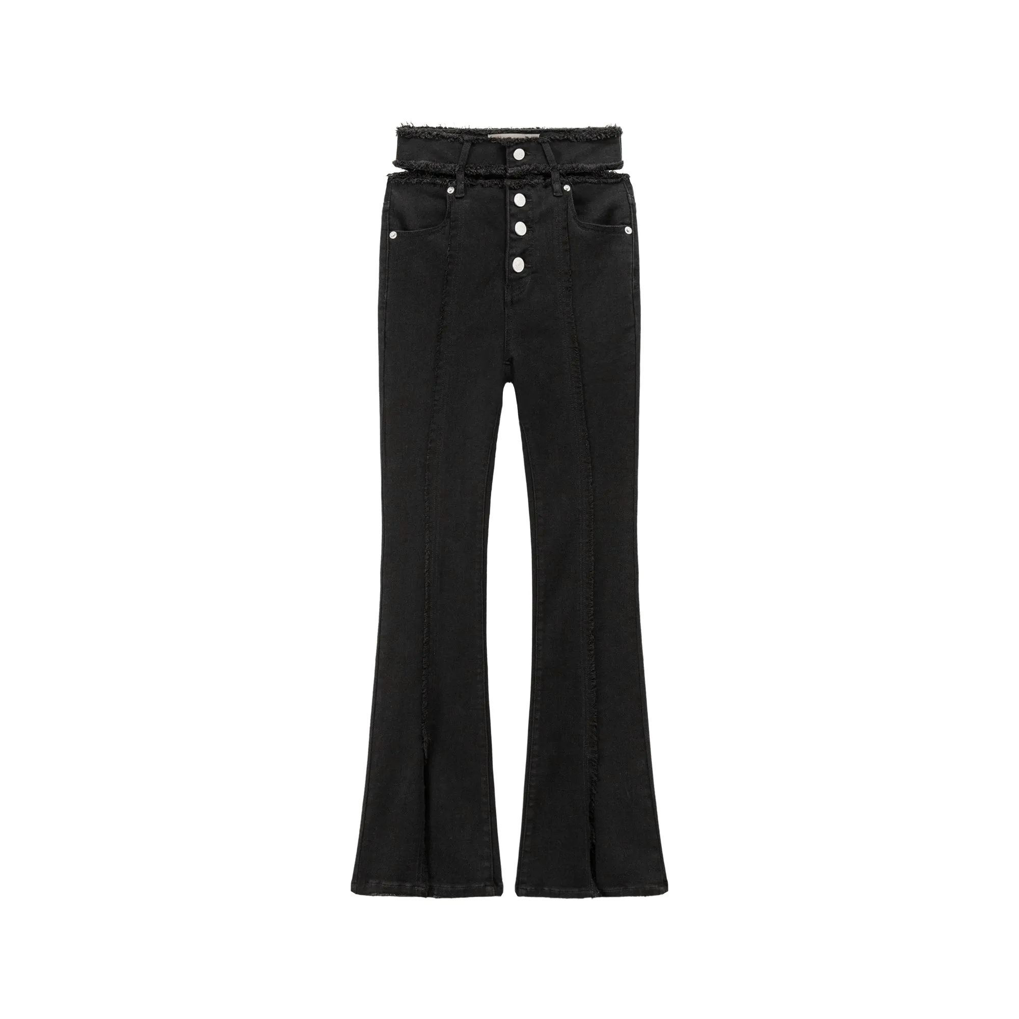 Front Slit Cutout High-Waist Washed Jeans