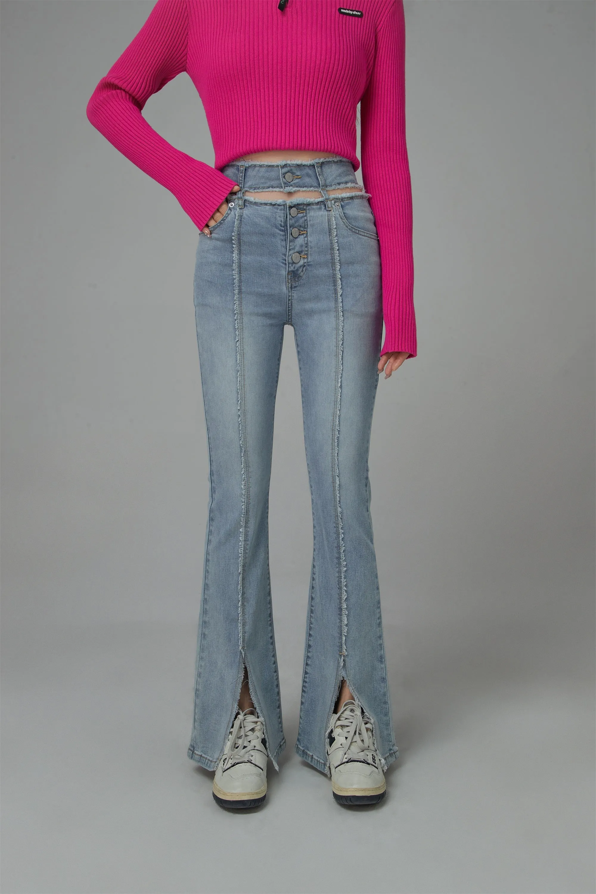 Front Slit Cutout High-Waist Washed Jeans