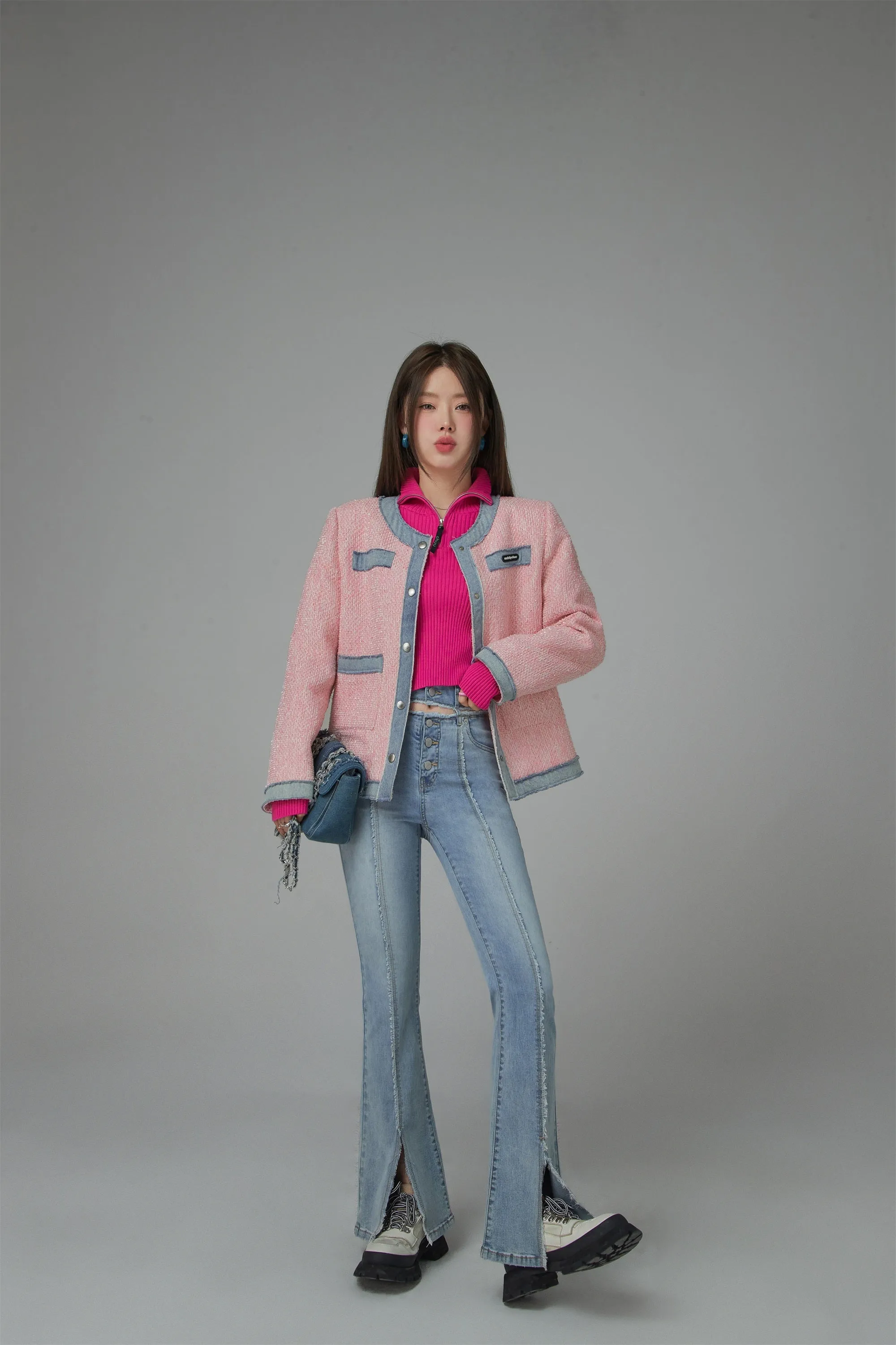 Front Slit Cutout High-Waist Washed Jeans