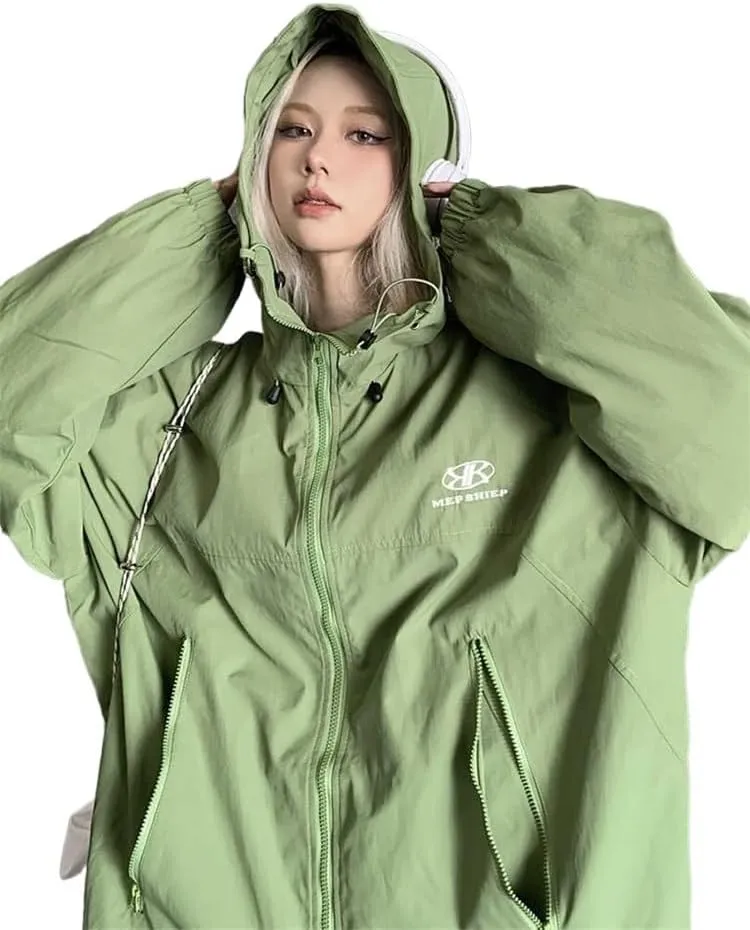 Green trench coat jacket women's oversized hip hop streetwear black waterproof hooded jacket