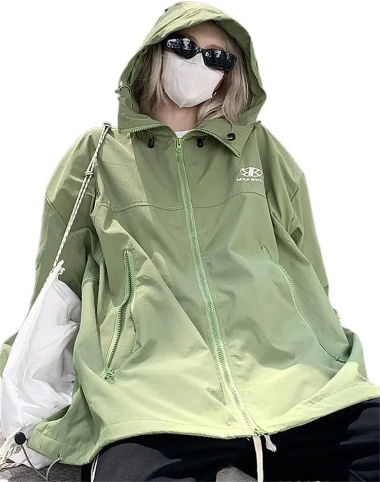 Green trench coat jacket women's oversized hip hop streetwear black waterproof hooded jacket