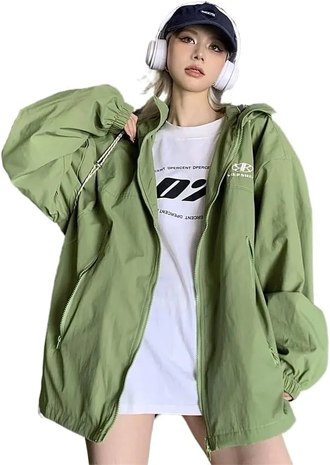 Green trench coat jacket women's oversized hip hop streetwear black waterproof hooded jacket
