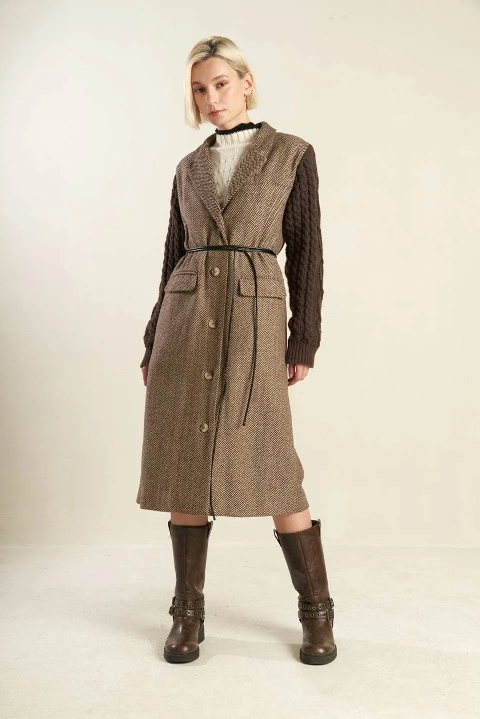 Herringbone Tweed Sweater Knit Maxi Coat