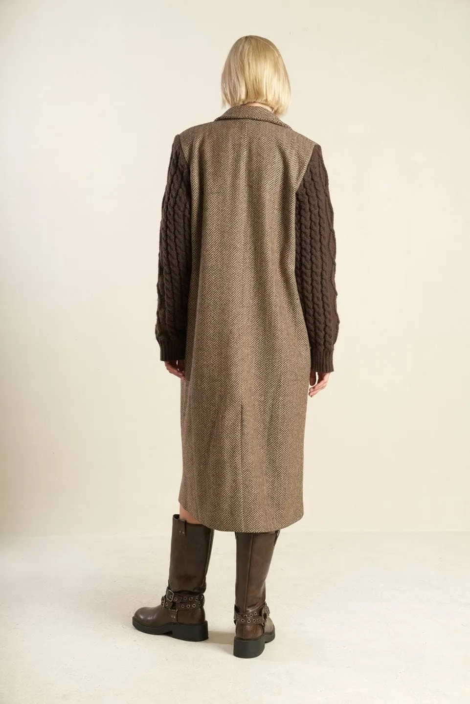 Herringbone Tweed Sweater Knit Maxi Coat