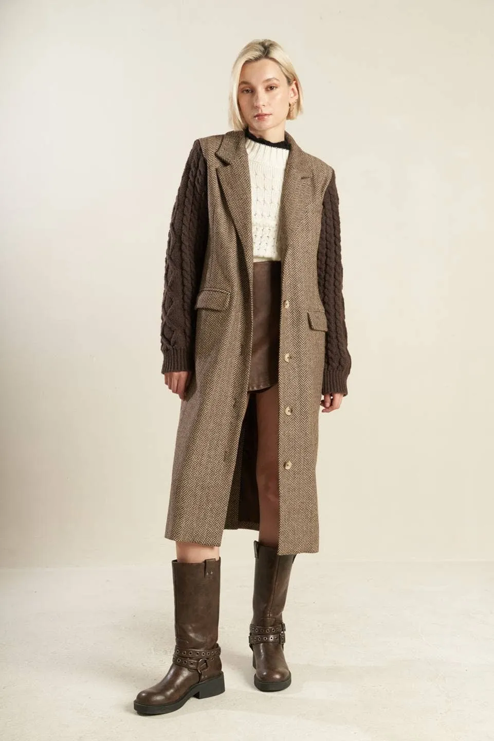 Herringbone Tweed Sweater Knit Maxi Coat