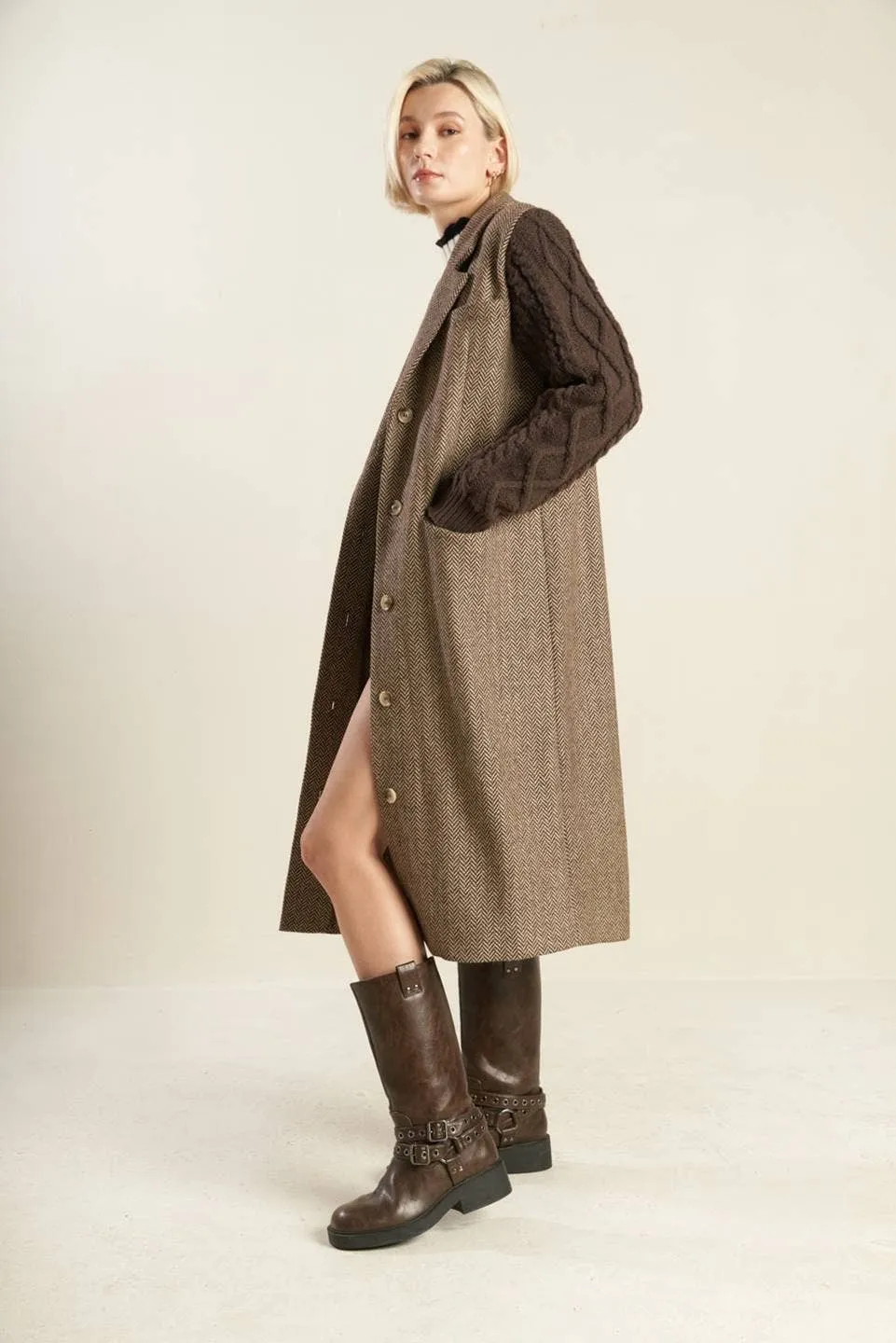 Herringbone Tweed Sweater Knit Maxi Coat