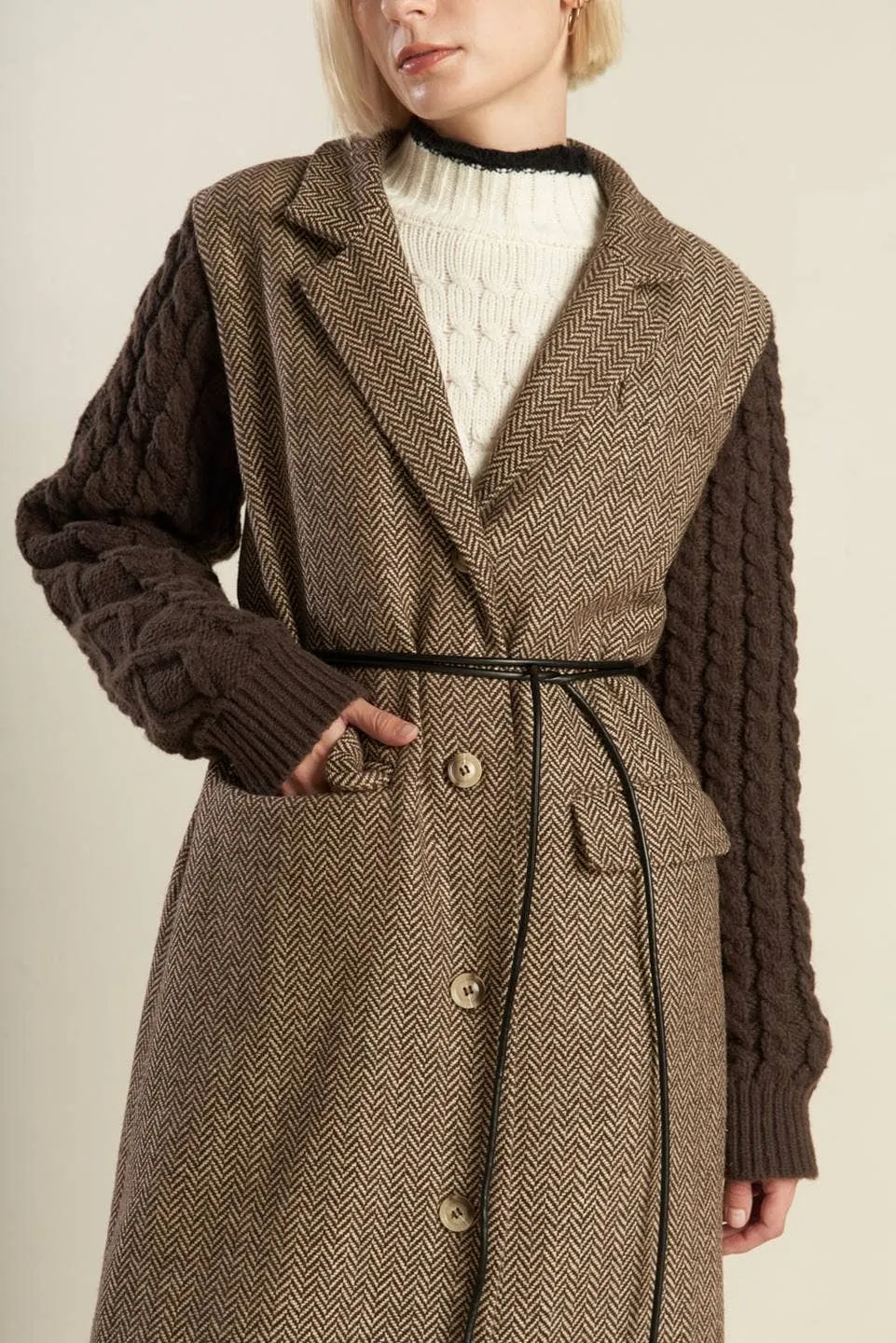 Herringbone Tweed Sweater Knit Maxi Coat