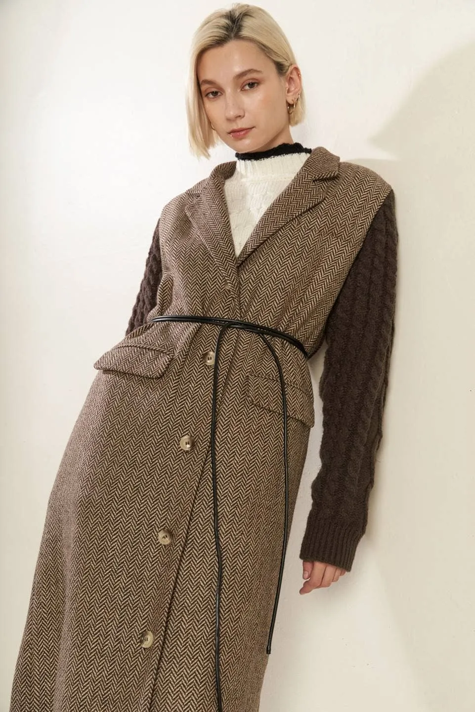 Herringbone Tweed Sweater Knit Maxi Coat