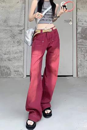 High Waist Retro Washed Red Denim Jeans Pants