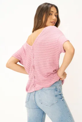 Isadora Back Lace Up Stripe Easy Fit Tee - Blushing Mauve