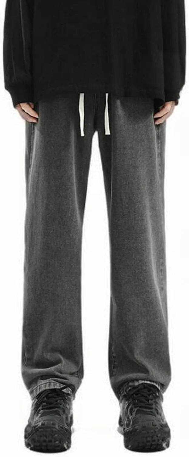 Jeans for Men Classic Washed Straight Leg Denim Pants Relaxed Fit Drawstring Elastic Waisted Jeans Wide Leg Slacks