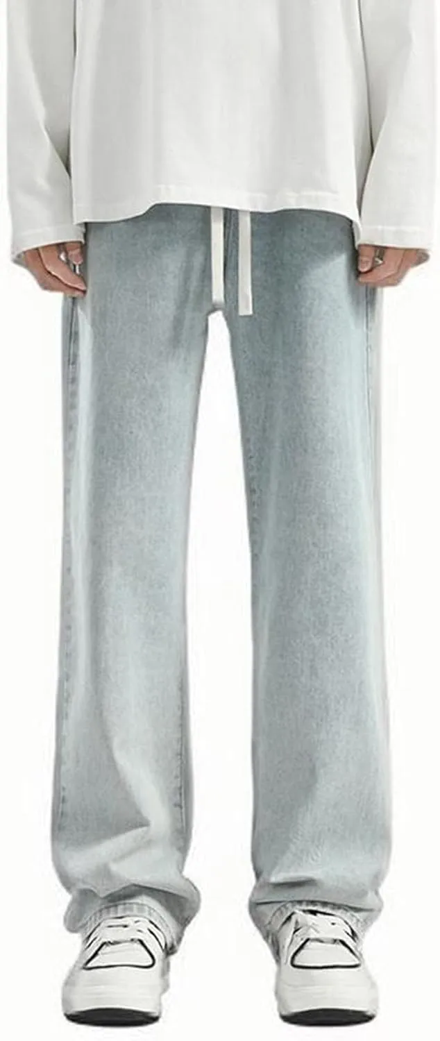 Jeans for Men Classic Washed Straight Leg Denim Pants Relaxed Fit Drawstring Elastic Waisted Jeans Wide Leg Slacks