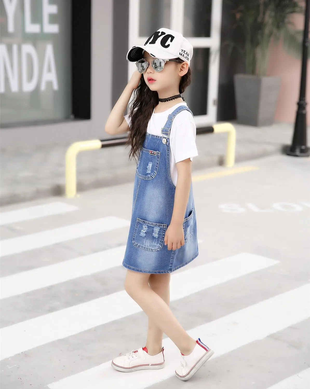 KIDSCOOL SPACE Girls Denim Overall Dress,Ripped Jeans Jumper