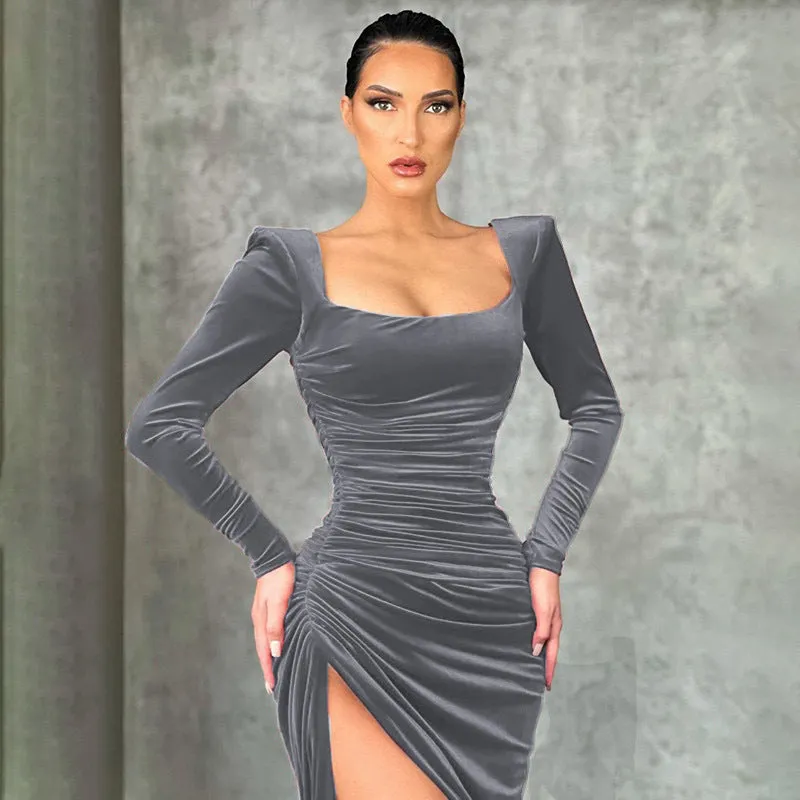 Ladies Long Sleeves Square Neck Velvet Dresses