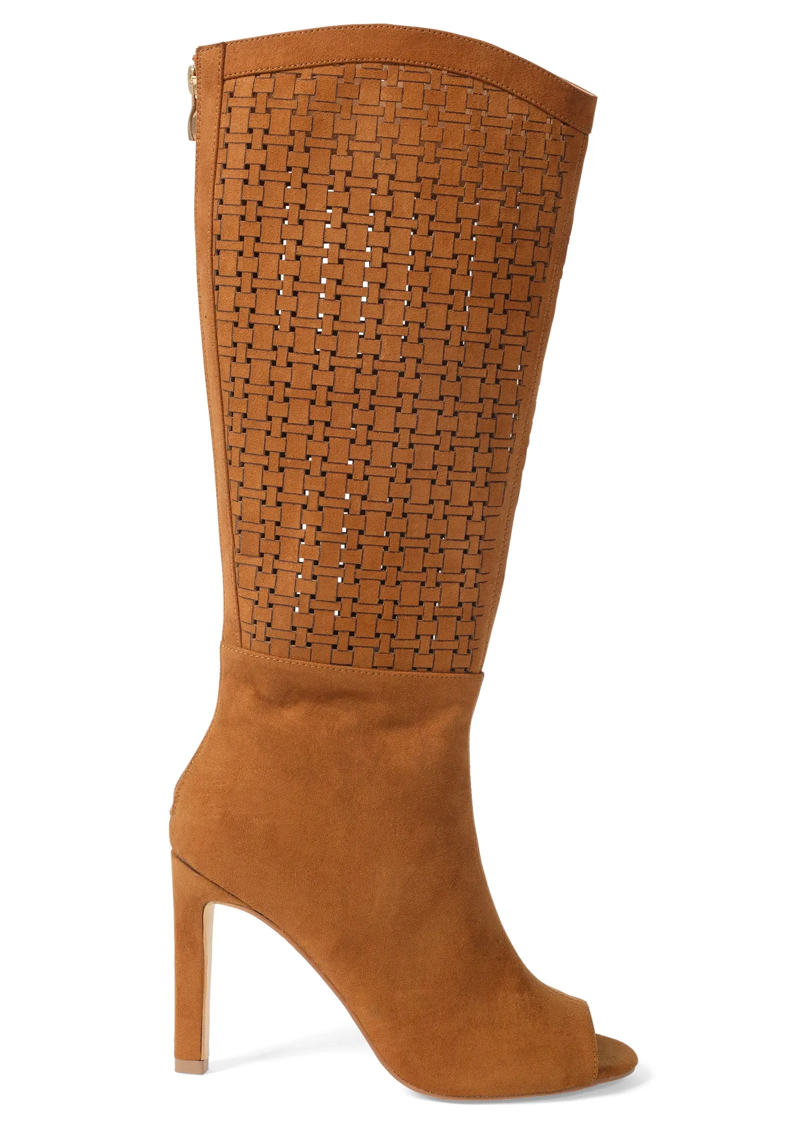 Laser Cut Faux Suede Boots  - Cognac