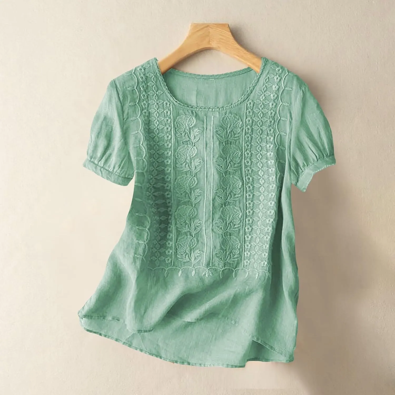 Linen Shirts for Women Summer Trendy 2025 Embroidered 3/4 Sleeve Boho Tops Crewneck Eyelet Top Dressy