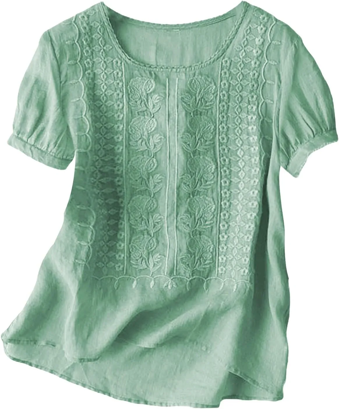 Linen Shirts for Women Summer Trendy 2025 Embroidered 3/4 Sleeve Boho Tops Crewneck Eyelet Top Dressy