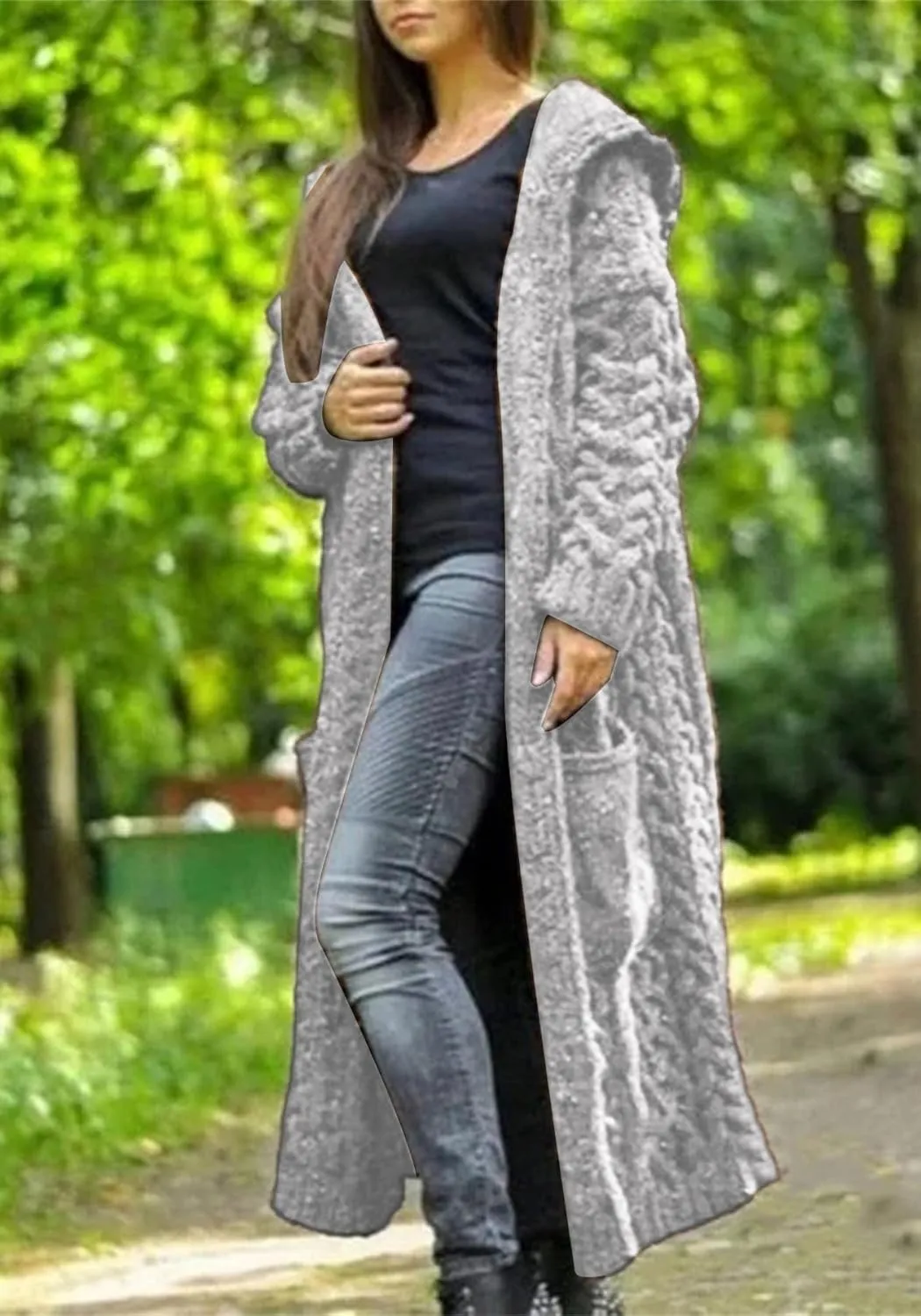 Long Cardigan with Hood for Women Chunky Cable Knit Duster Sweater Coat Fall Winter Long Hooded Sweater Cardigan