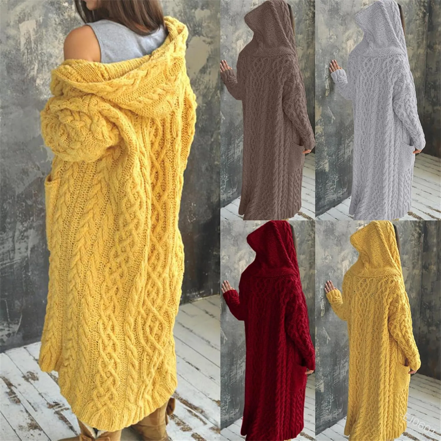 Long Cardigan with Hood for Women Chunky Cable Knit Duster Sweater Coat Fall Winter Long Hooded Sweater Cardigan