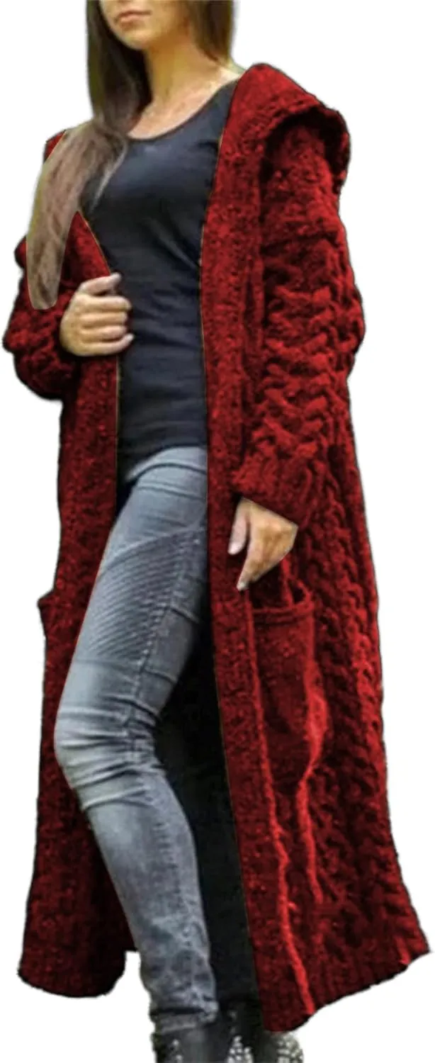 Long Cardigan with Hood for Women Chunky Cable Knit Duster Sweater Coat Fall Winter Long Hooded Sweater Cardigan
