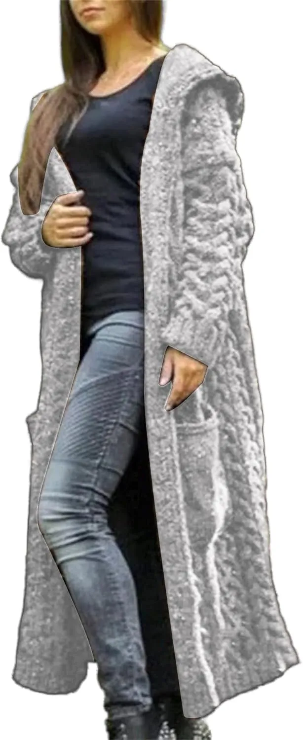 Long Cardigan with Hood for Women Chunky Cable Knit Duster Sweater Coat Fall Winter Long Hooded Sweater Cardigan