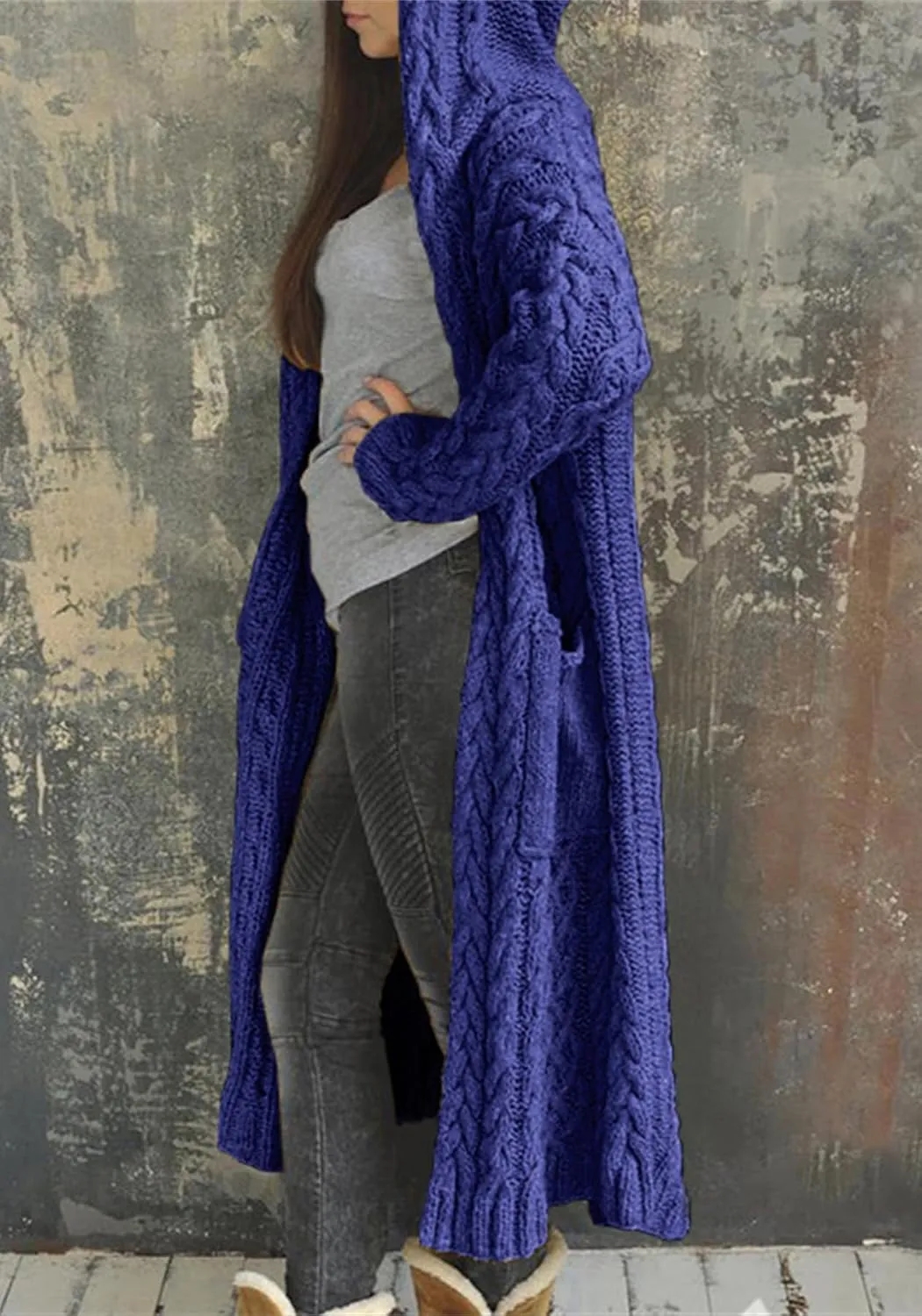 Long Cardigan with Hood for Women Chunky Cable Knit Duster Sweater Coat Fall Winter Long Hooded Sweater Cardigan