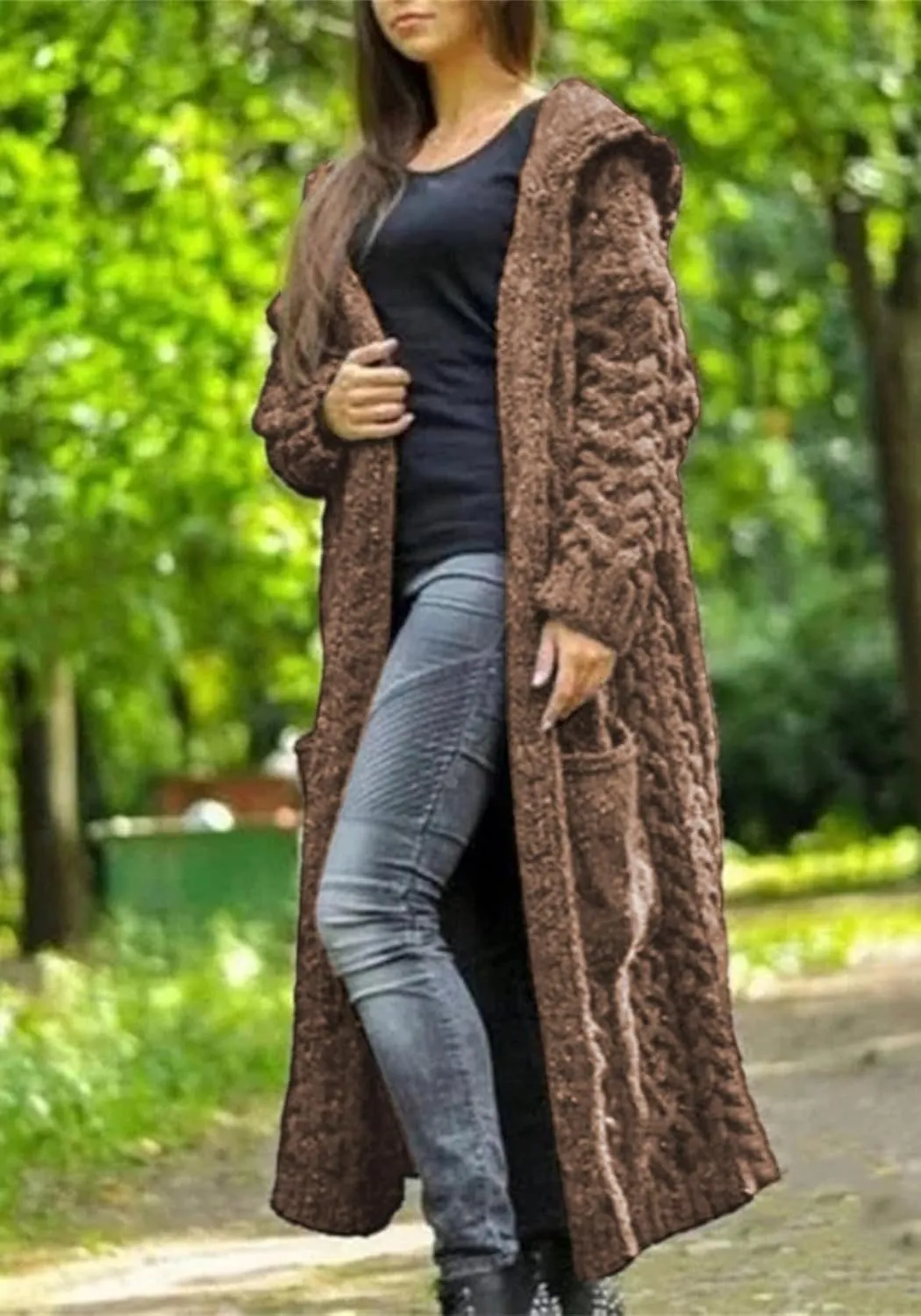 Long Cardigan with Hood for Women Chunky Cable Knit Duster Sweater Coat Fall Winter Long Hooded Sweater Cardigan