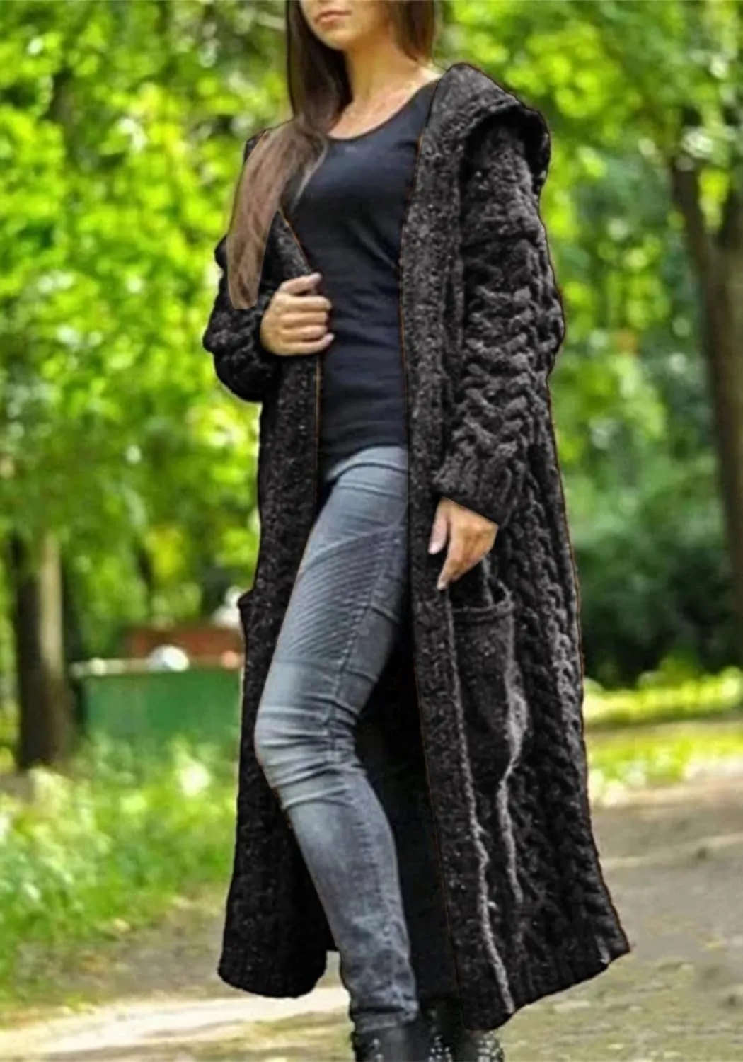 Long Cardigan with Hood for Women Chunky Cable Knit Duster Sweater Coat Fall Winter Long Hooded Sweater Cardigan