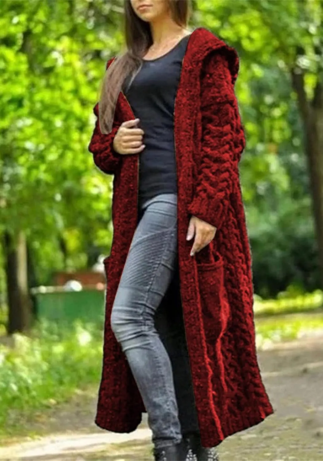 Long Cardigan with Hood for Women Chunky Cable Knit Duster Sweater Coat Fall Winter Long Hooded Sweater Cardigan