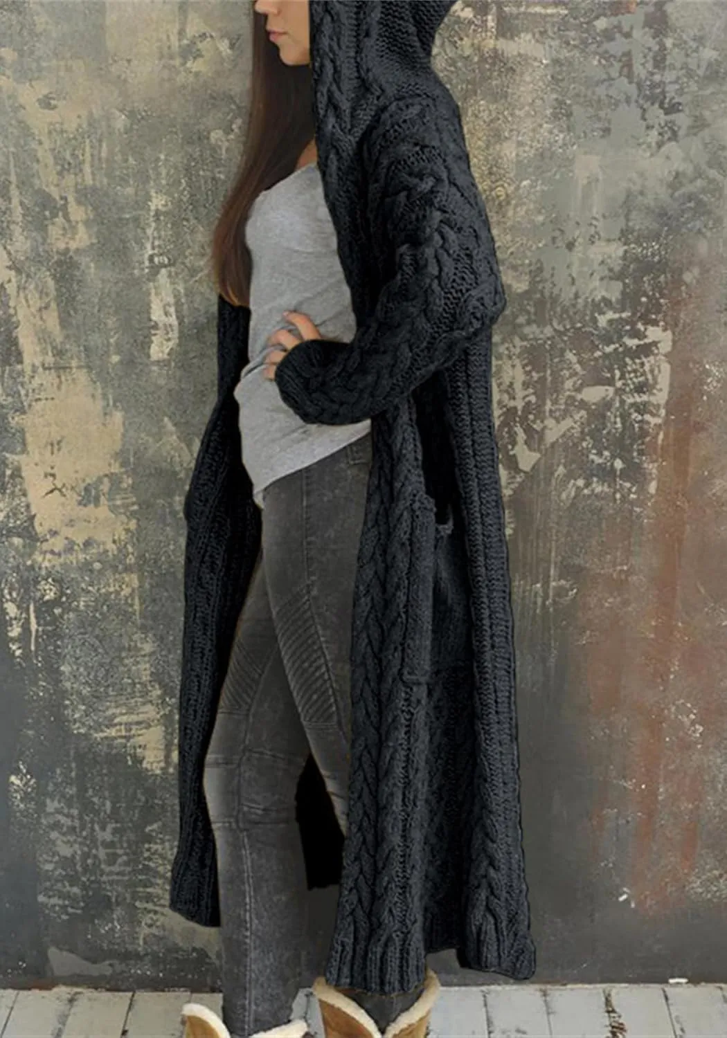 Long Cardigan with Hood for Women Chunky Cable Knit Duster Sweater Coat Fall Winter Long Hooded Sweater Cardigan