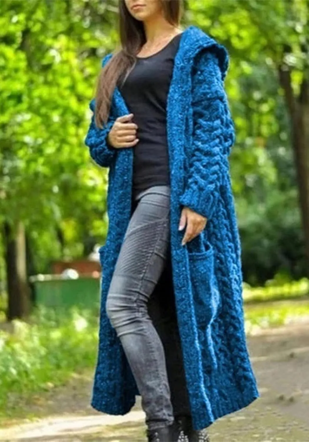 Long Cardigan with Hood for Women Chunky Cable Knit Duster Sweater Coat Fall Winter Long Hooded Sweater Cardigan