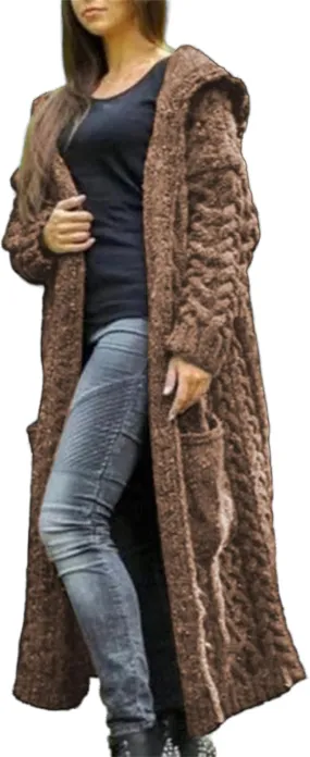 Long Cardigan with Hood for Women Chunky Cable Knit Duster Sweater Coat Fall Winter Long Hooded Sweater Cardigan
