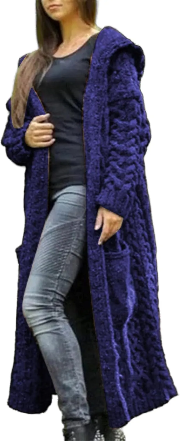 Long Cardigan with Hood for Women Chunky Cable Knit Duster Sweater Coat Fall Winter Long Hooded Sweater Cardigan