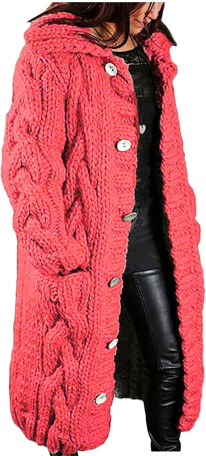 Long Sleeve Cable Knit Long Cardigan for Women 2024 Fall Winter Chunky Open Front Button Sweaters with Pockets
