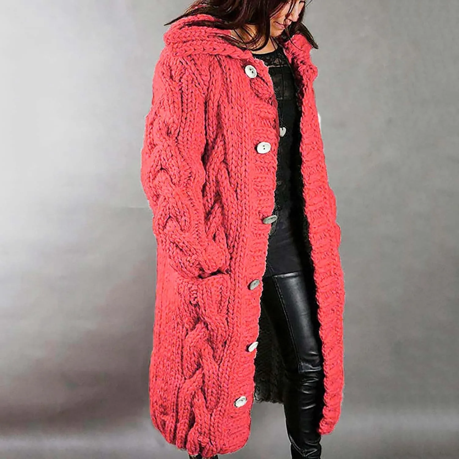 Long Sleeve Cable Knit Long Cardigan for Women 2024 Fall Winter Chunky Open Front Button Sweaters with Pockets