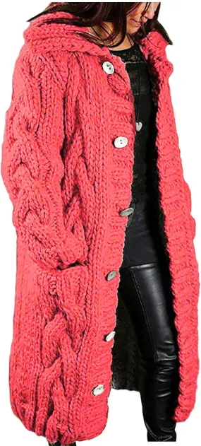 Long Sleeve Cable Knit Long Cardigan for Women 2024 Fall Winter Chunky Open Front Button Sweaters with Pockets
